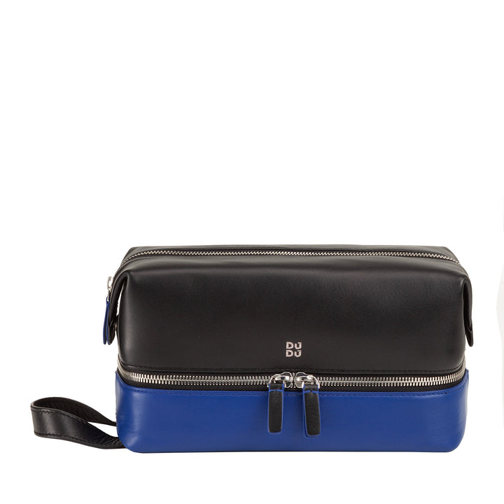 Black and blue leather toiletry bag with zipper pockets and wrist strap