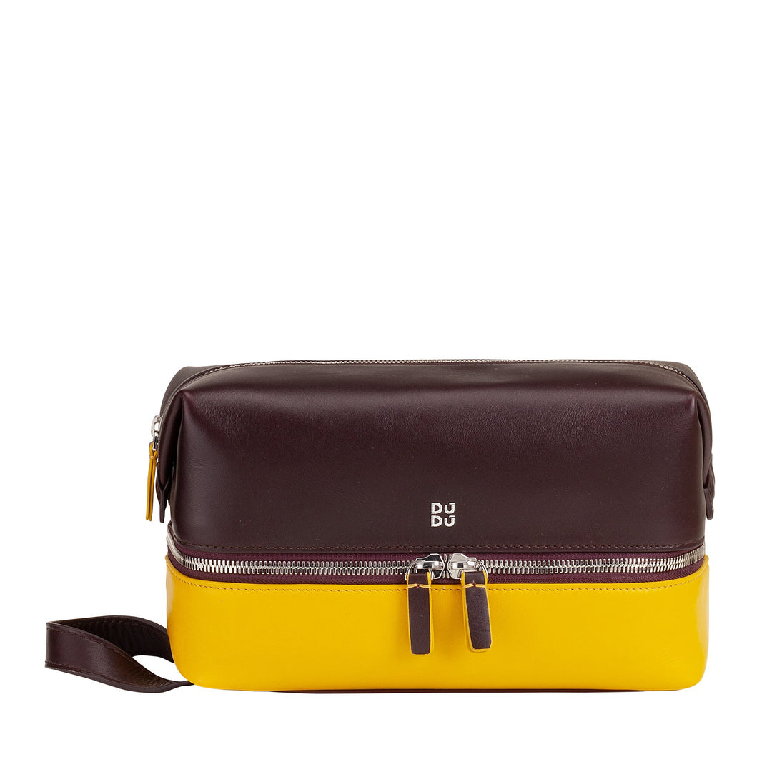 Two-tone brown and yellow leather toiletry bag with zipper closures and handle