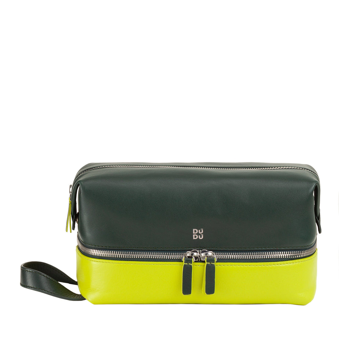 Green and yellow leather clutch bag with wrist strap and zippered compartments