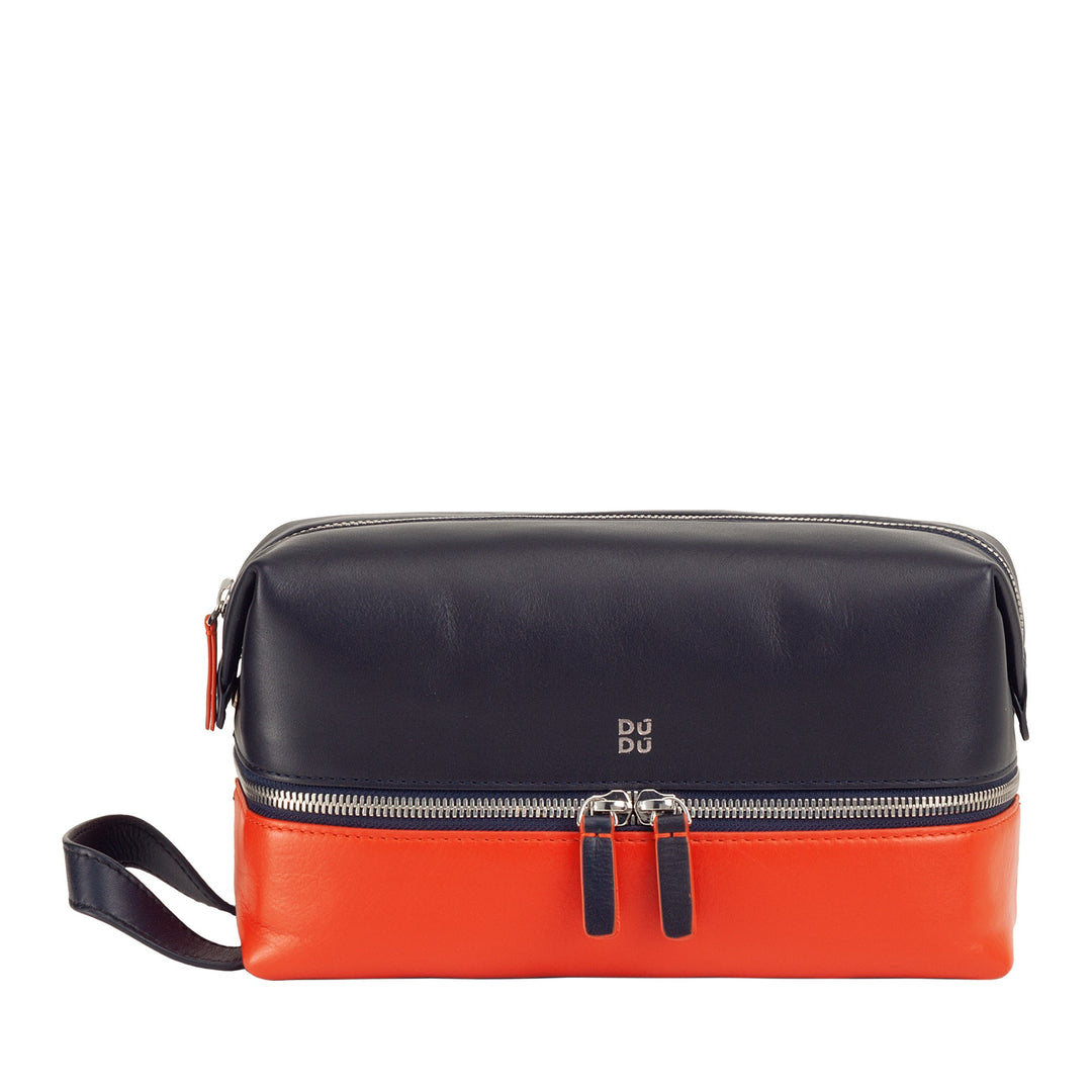 Black and orange leather toiletry bag with zipper and handle