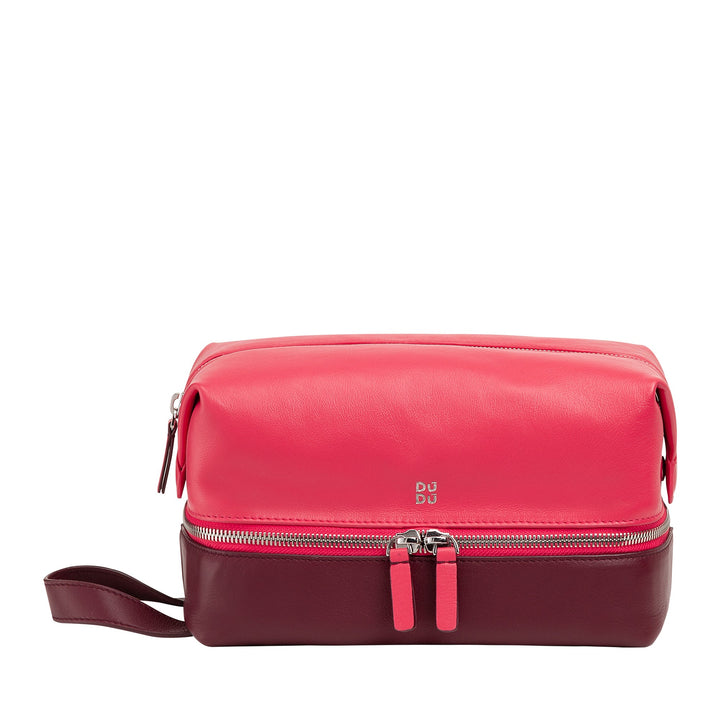 Red and burgundy leather toiletry bag with zipper and handle