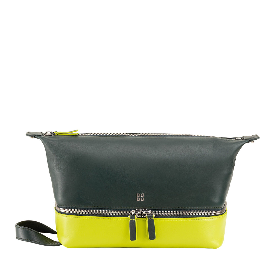 Green and yellow leather clutch bag with zippers and wrist strap