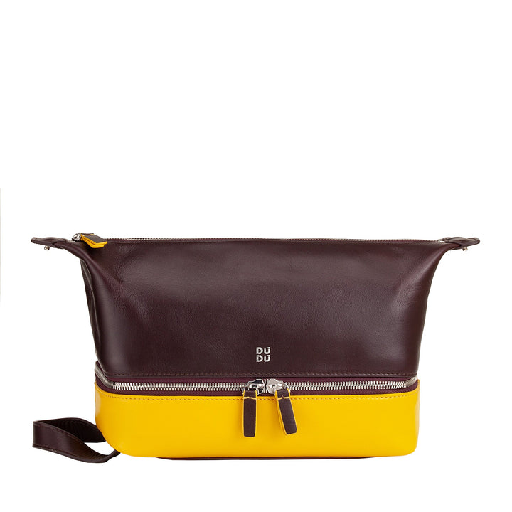 Brown and yellow leather handbag with double zippers