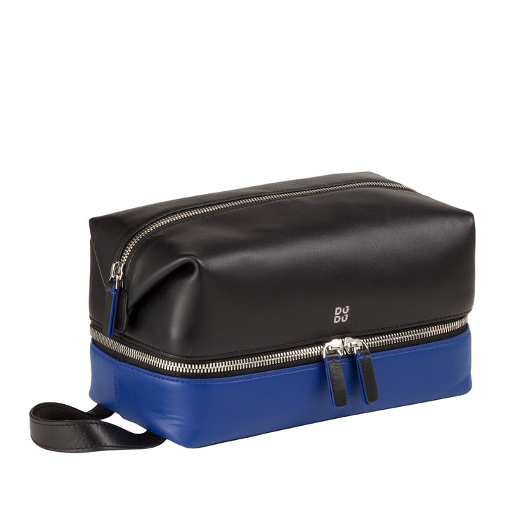 Black and blue leather toiletry bag with zippers and handle