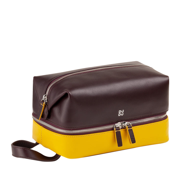 Brown and yellow leather toiletry bag with zipper closures