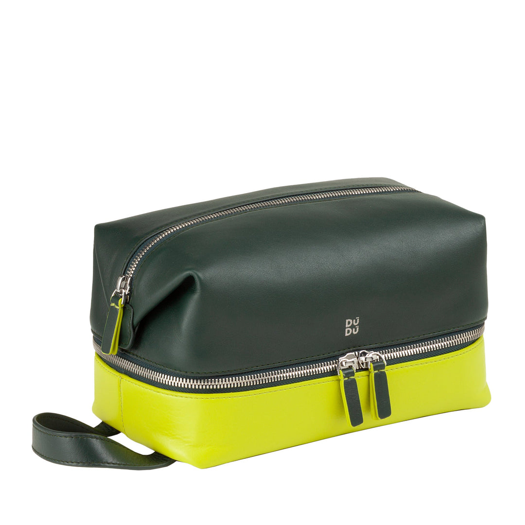 Green and yellow leather toiletry bag with double zippers and a handle