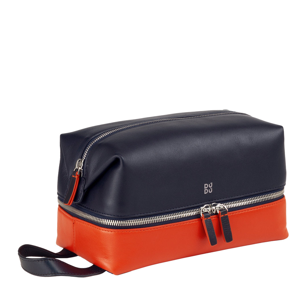 Black and orange leather dopp kit toiletry bag with zippers