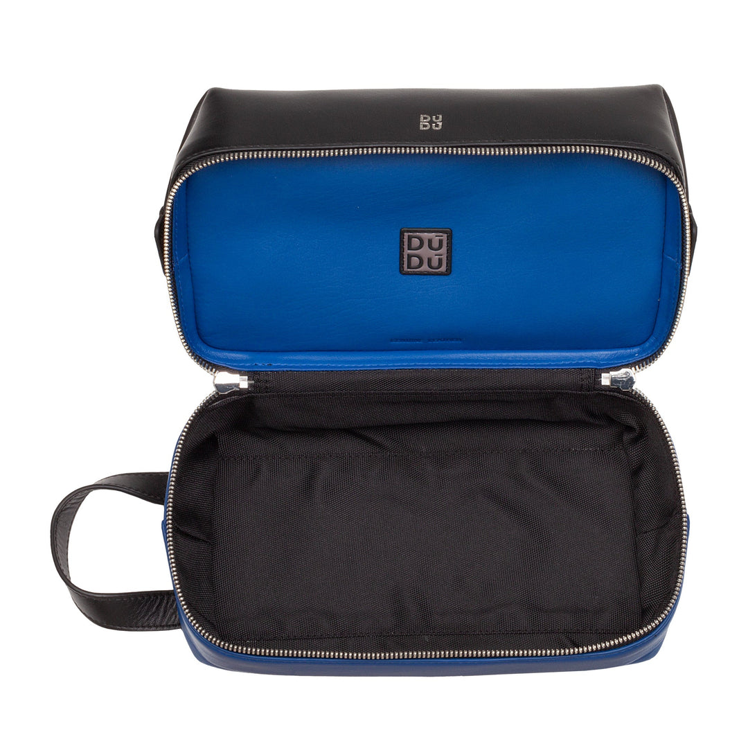 Open black and blue leather toiletry bag with DU DU logo