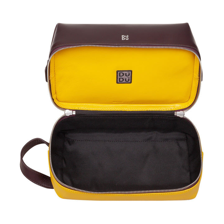 Brown and yellow open travel toiletry bag with handle and visible interior compartment