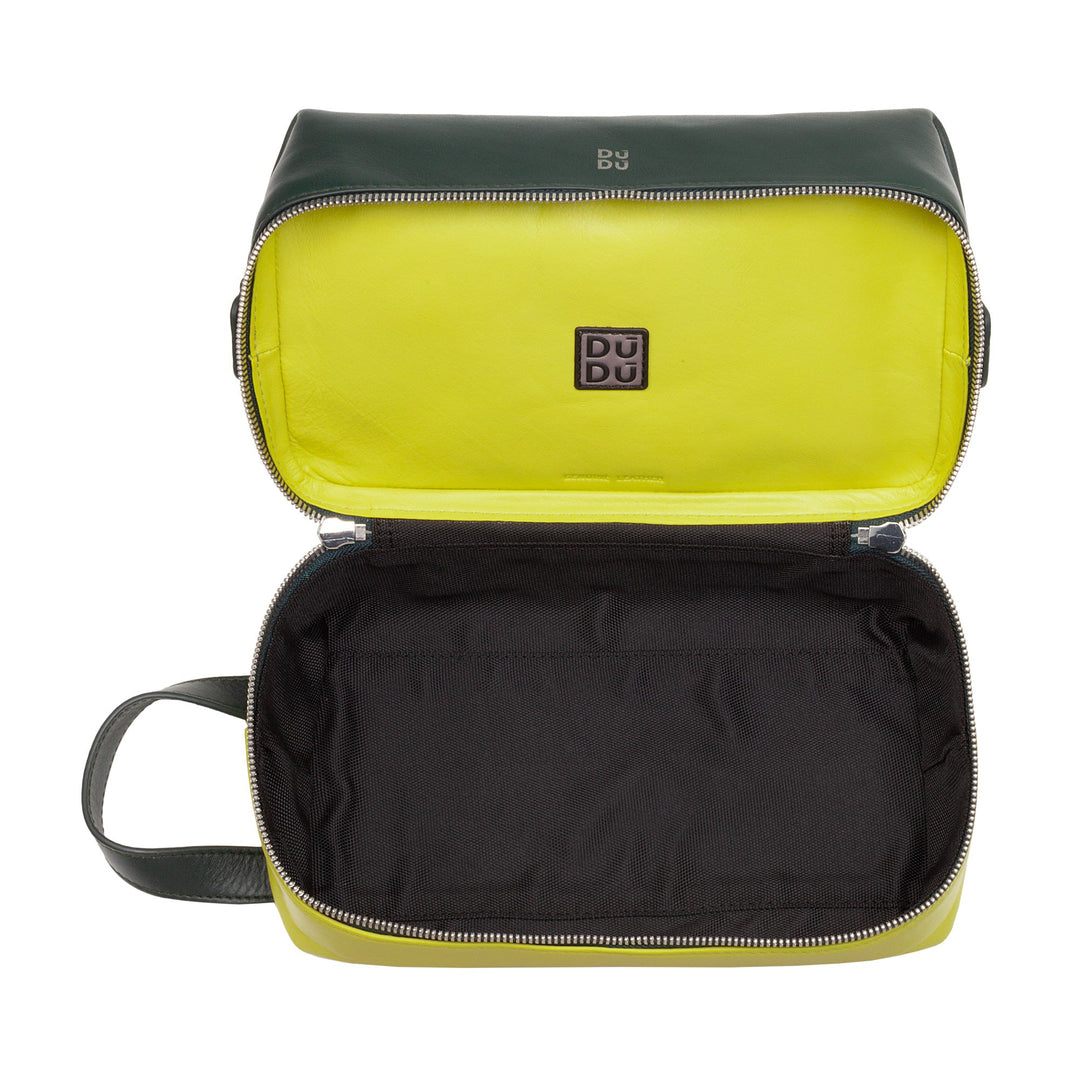 Open green and yellow DU DU brand leather toiletry bag with empty interior