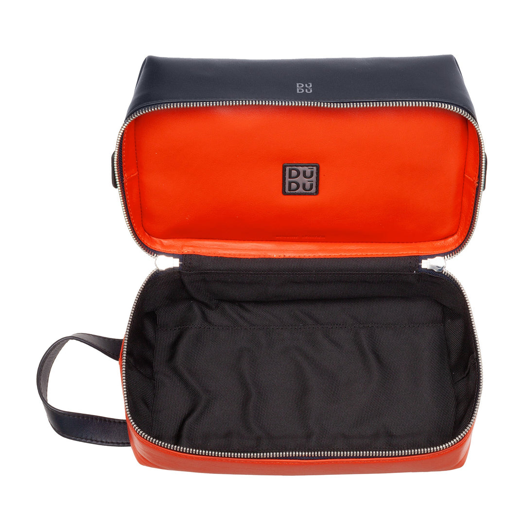 Open black and orange DUDU toiletry bag with zipper and handle