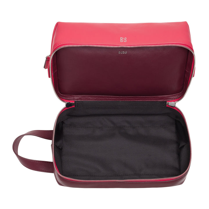 Red leather toiletry bag with open zipper and handle