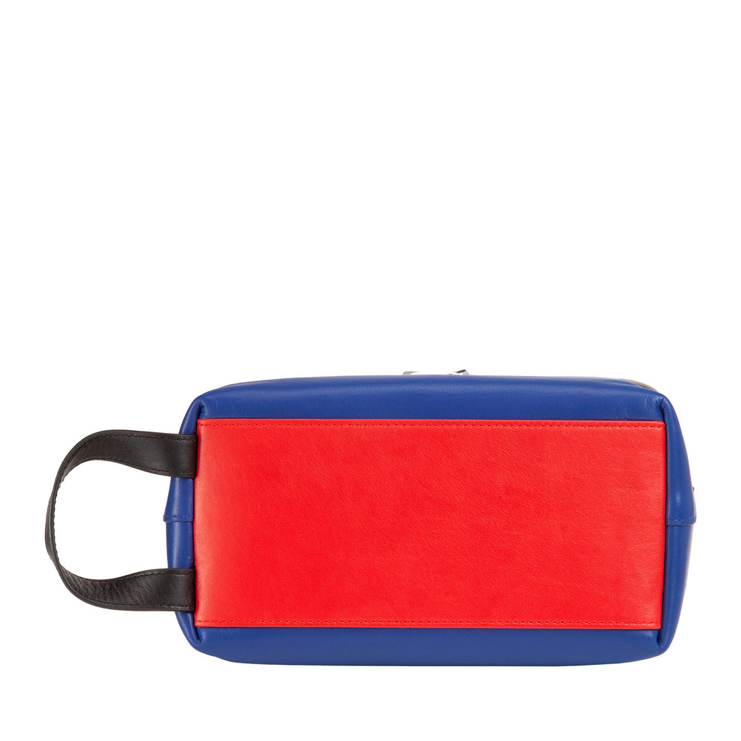 Red and blue leather toiletry bag with black handle