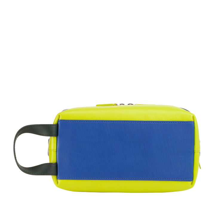 Bright yellow and blue rectangular toiletry bag with a black handle