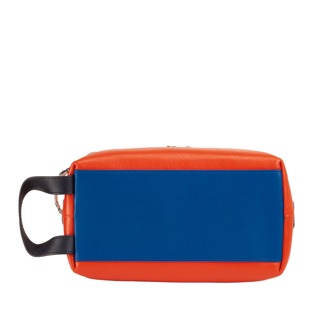 Orange and blue leather toiletry bag with black handle