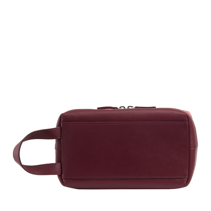 Maroon leather toiletry bag with handle and zippered closure