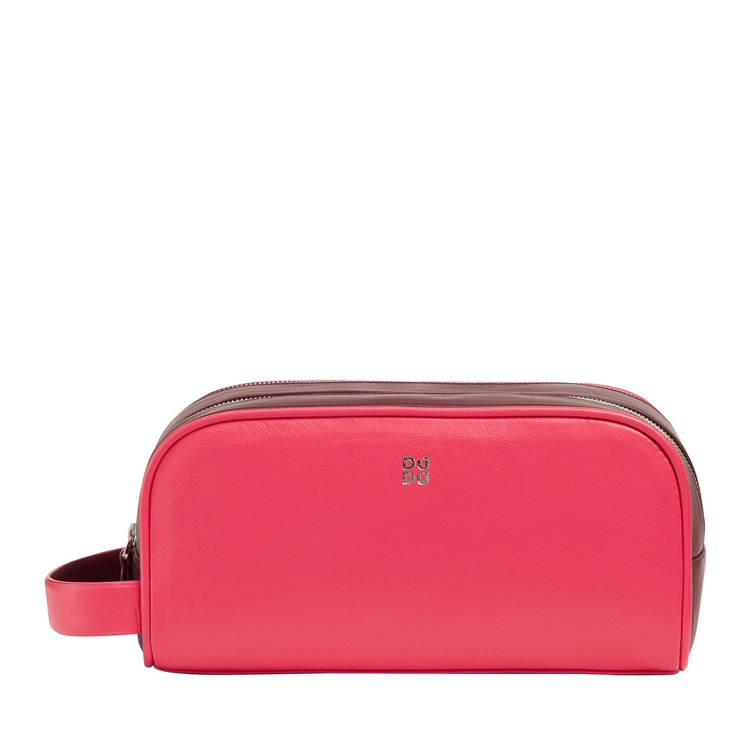 Bright pink leather toiletry bag with zipper and handle