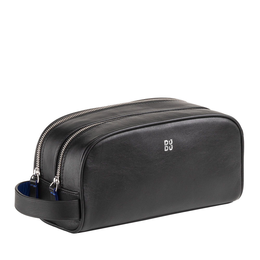 Black leather dopp kit with two zippered compartments, handle, and DUDU branding