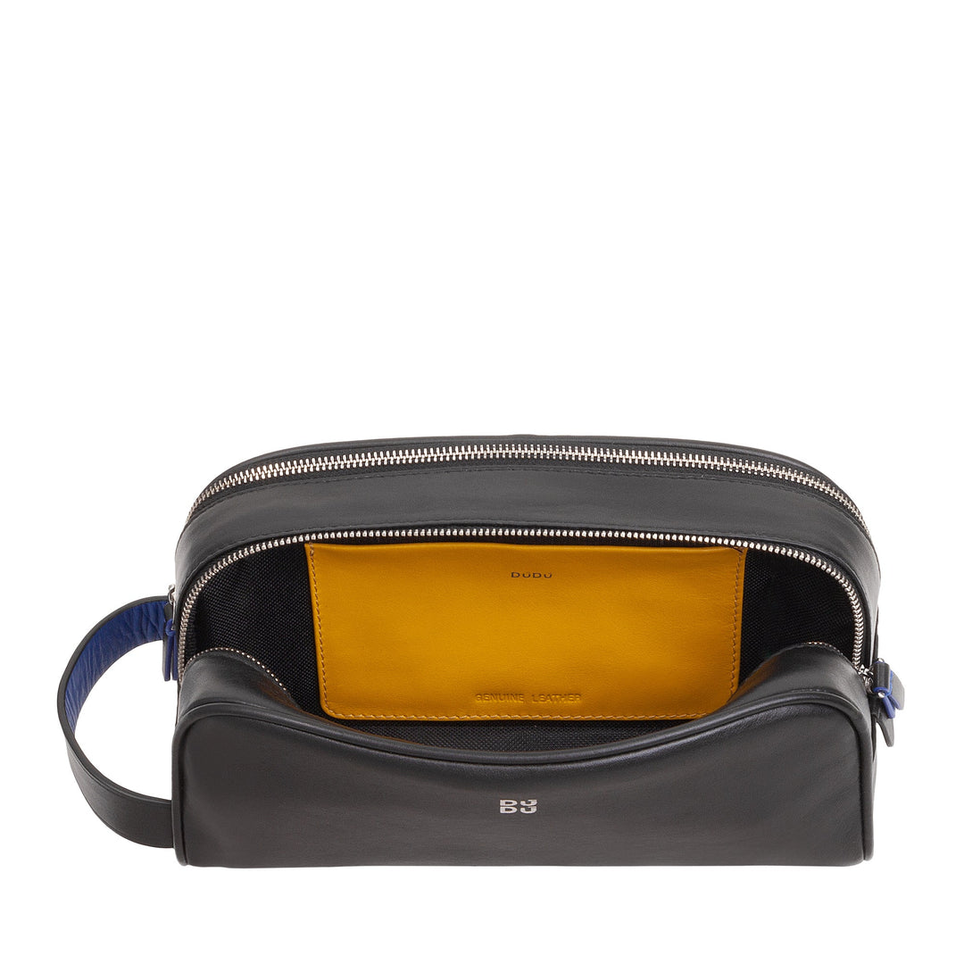 Black leather dopp kit with open top revealing yellow inner pouch