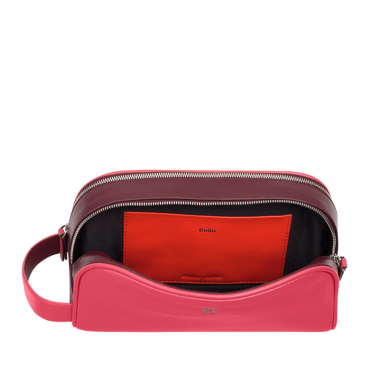 Elegant pink and maroon leather crossbody bag with open zipper showing orange interior compartment