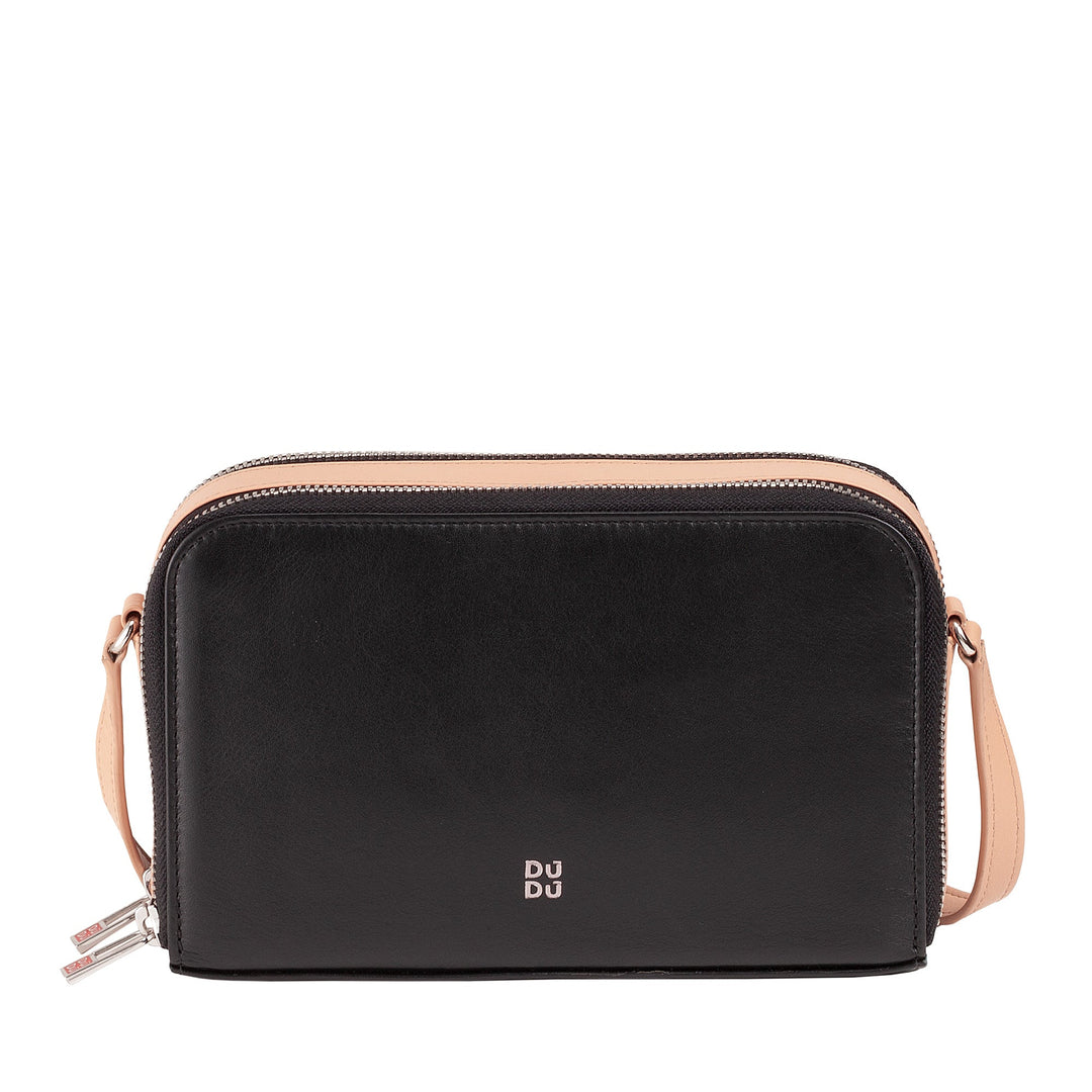 Black leather crossbody bag with beige strap