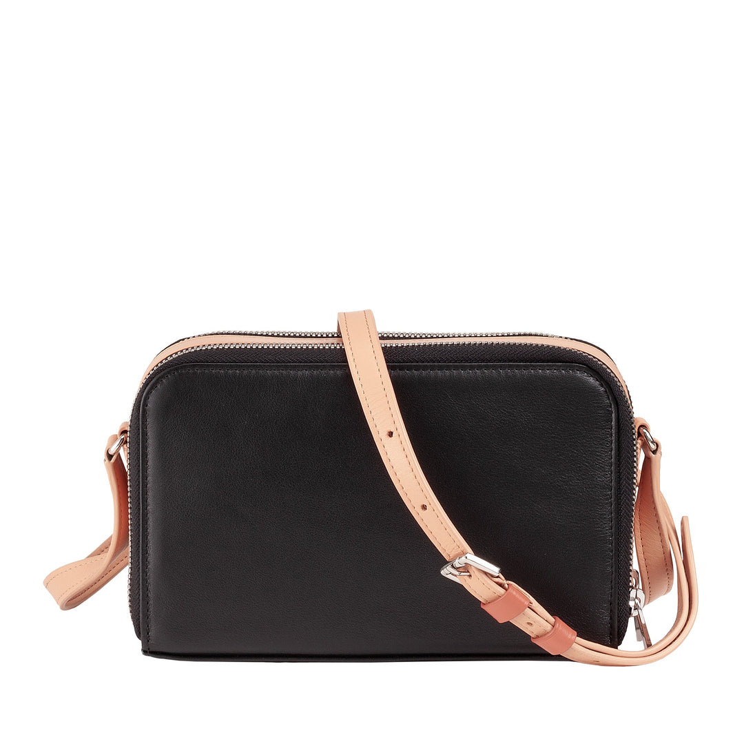 Black leather crossbody bag with tan adjustable strap and zipper closure