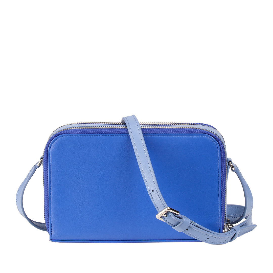 Blue leather crossbody handbag with adjustable strap and zipper closure