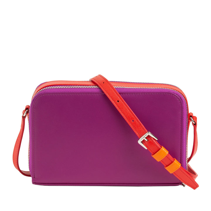 Purple and red crossbody bag with orange accents and shoulder strap
