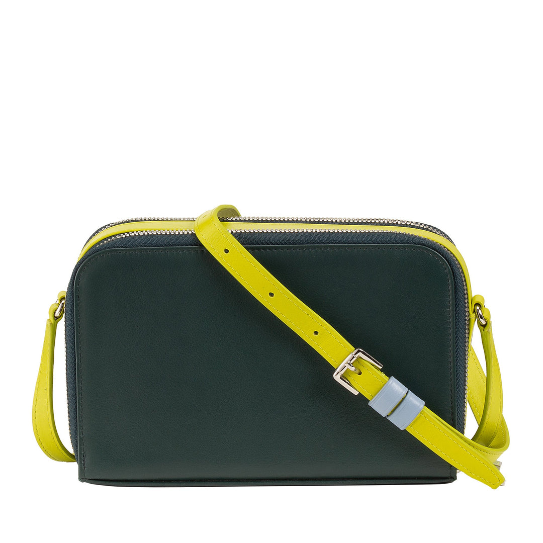 Dark green leather handbag with yellow strap