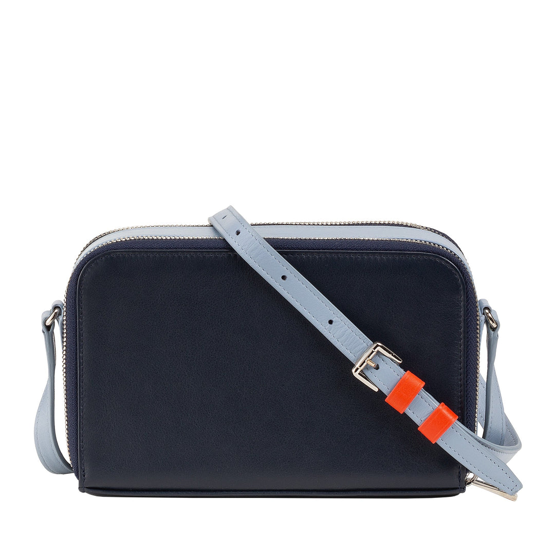 Navy blue crossbody bag with light blue strap and orange accents