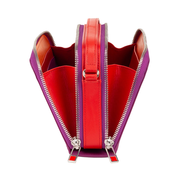 Stylish red and purple zippered leather purse with compartments