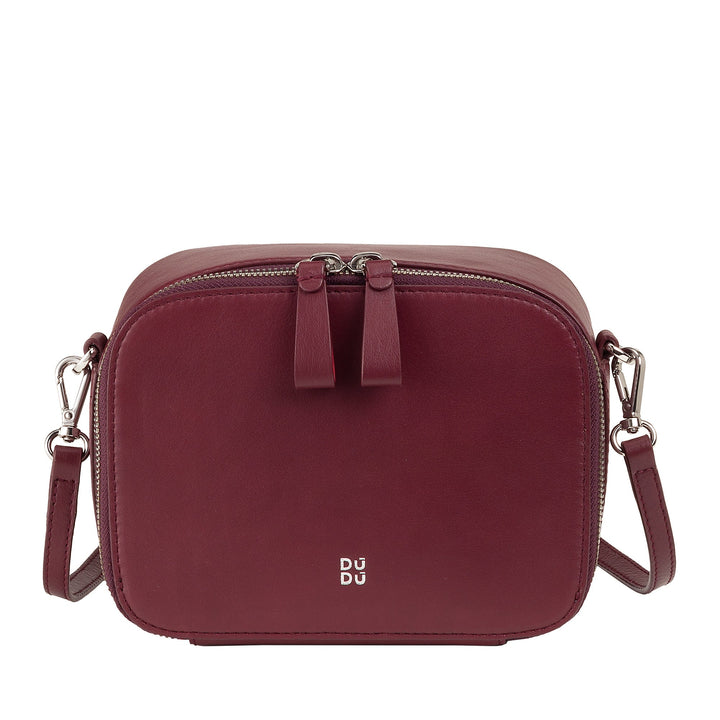 Maroon leather crossbody bag with silver hardware and double zipper by Dudu