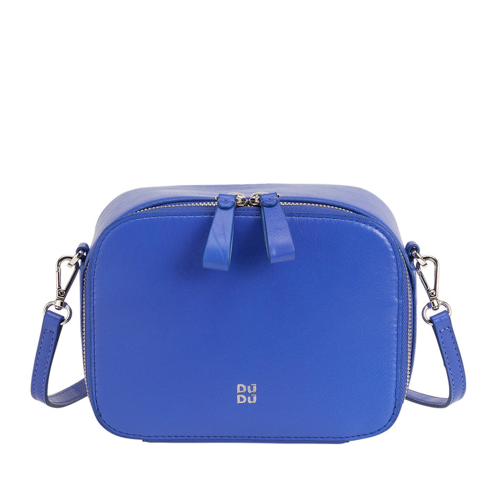 Blue leather crossbody bag with silver hardware and a zip closure