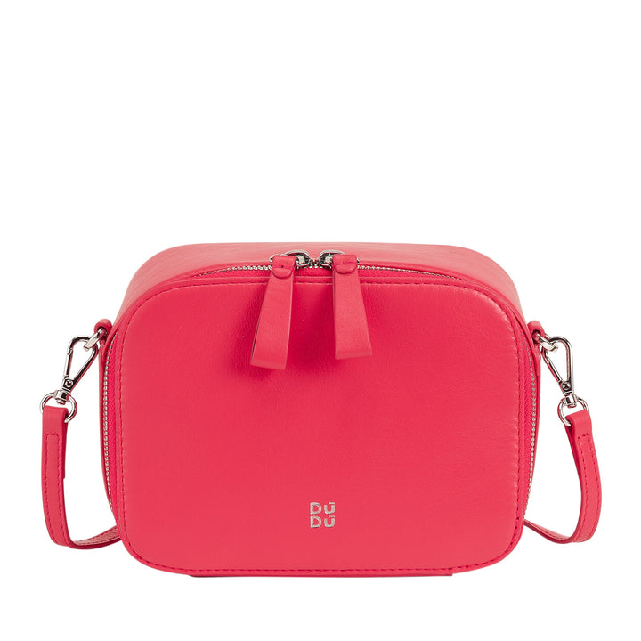 Red leather crossbody bag with silver hardware and zipper closure