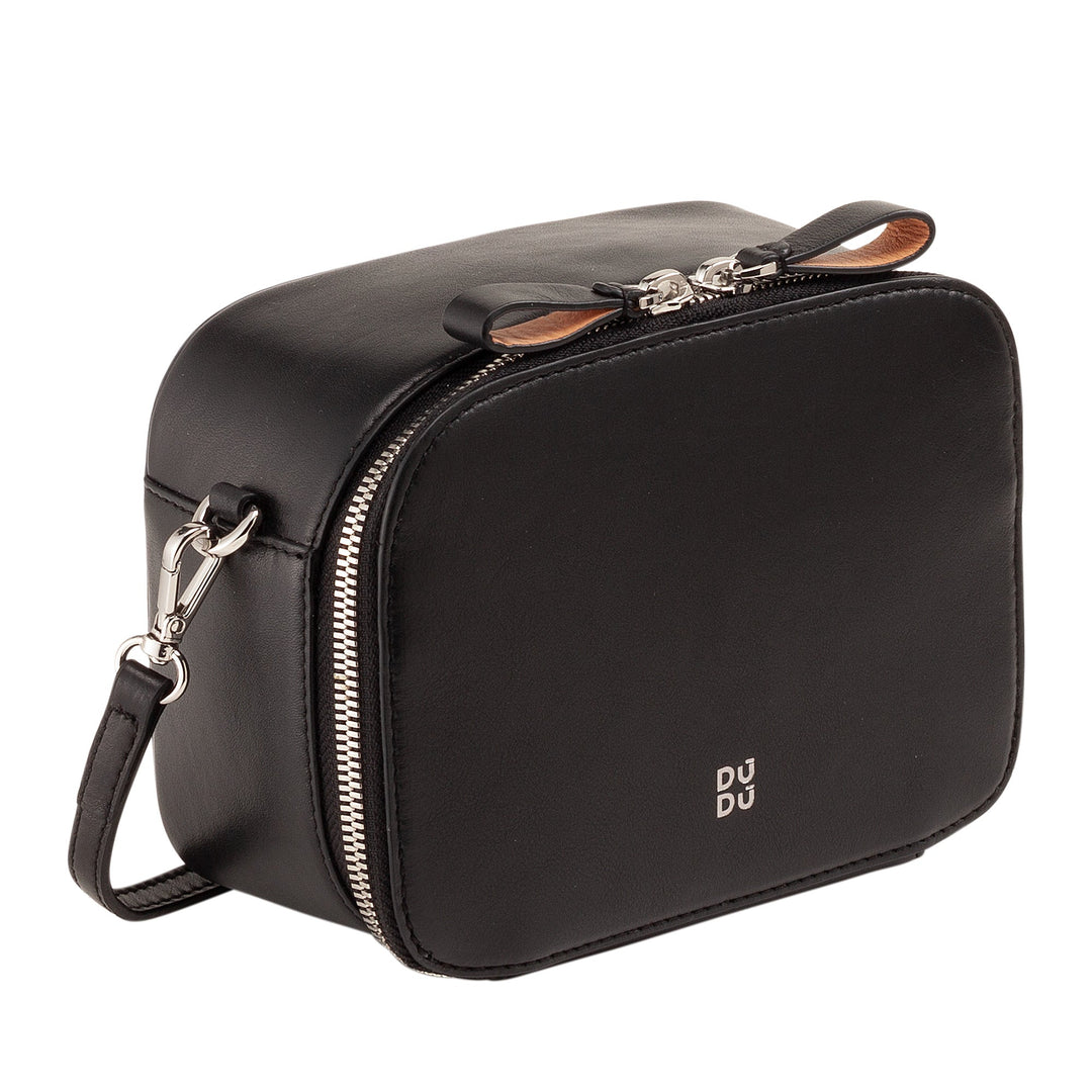 Small black rectangular leather crossbody bag with silver zipper and adjustable strap