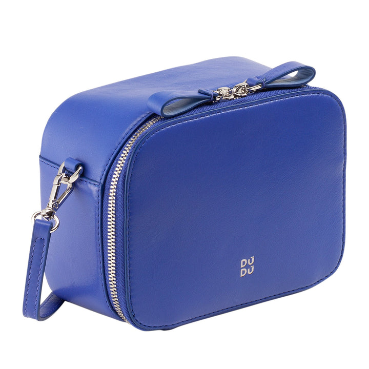 Blue square leather crossbody bag with zip closure and adjustable strap