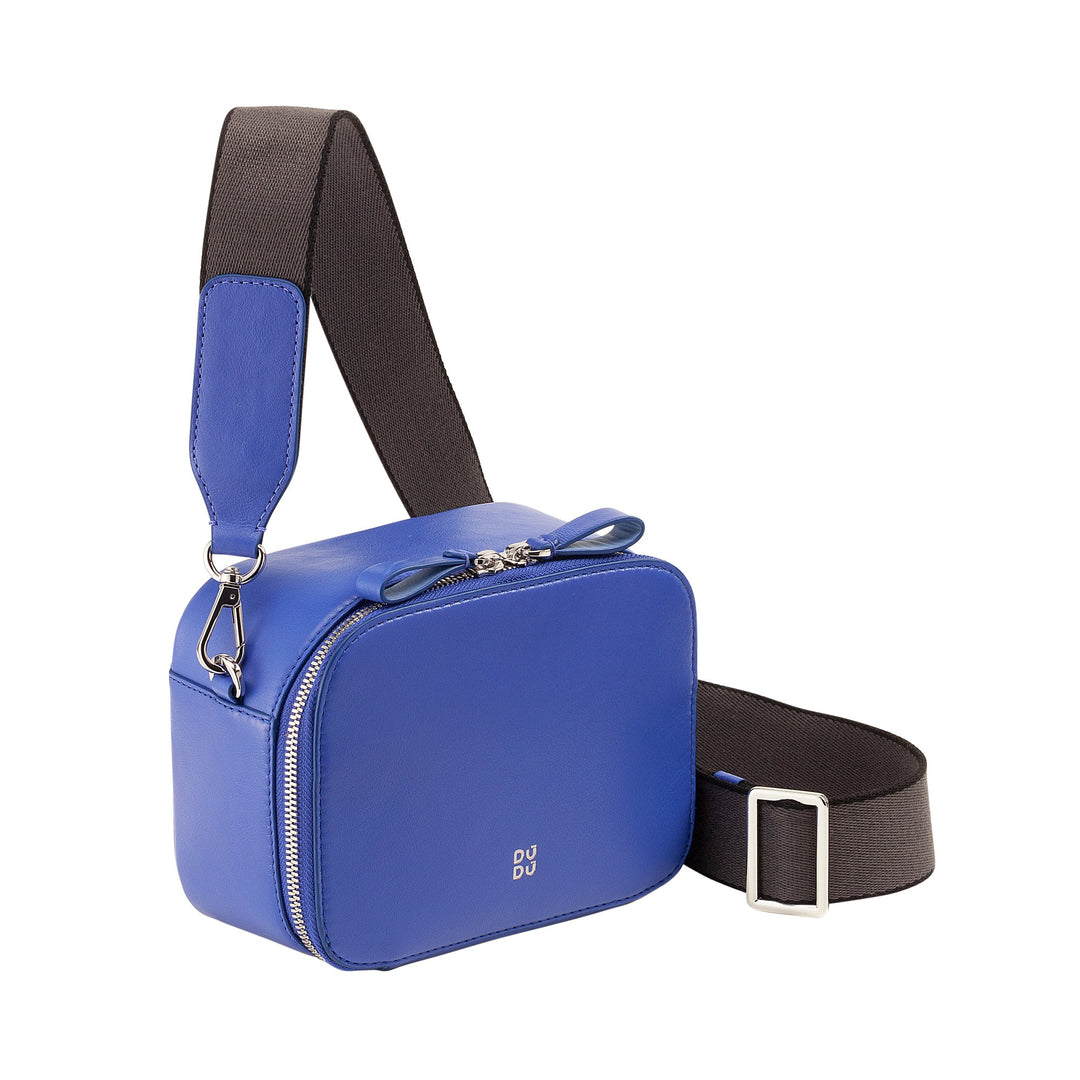 Blue crossbody bag with black adjustable strap and zipper closure