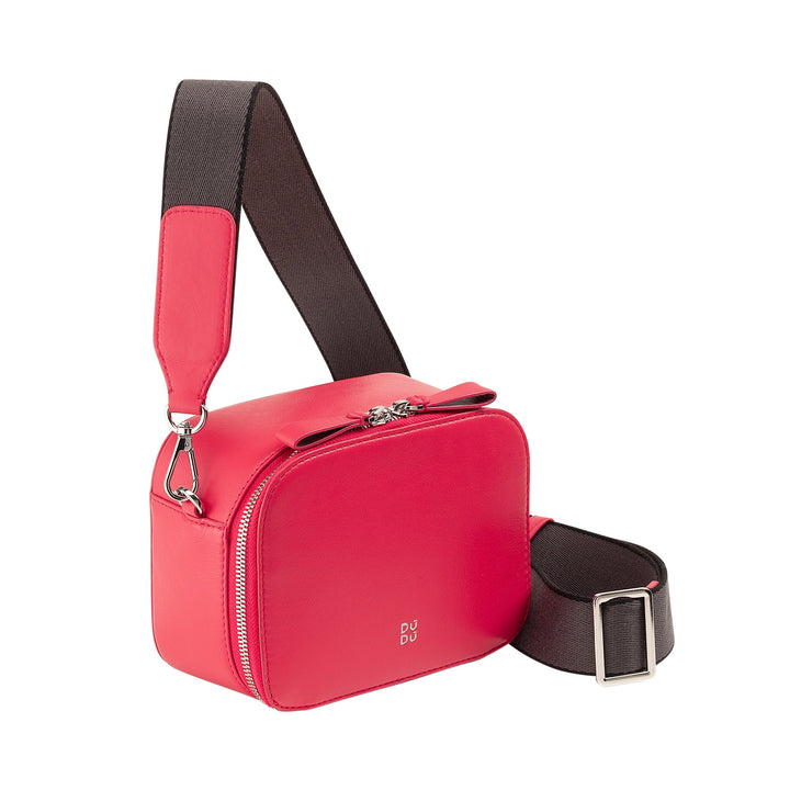 Red crossbody bag with black adjustable strap and zipper closure