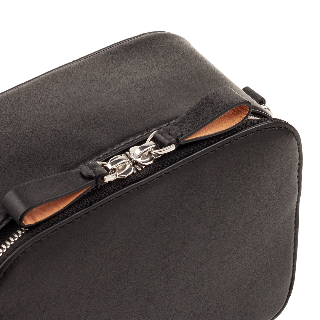 Close-up of a black leather handbag with a silver zipper