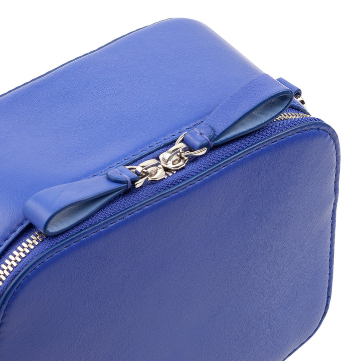 Close-up of a blue leather handbag with silver zipper detailing