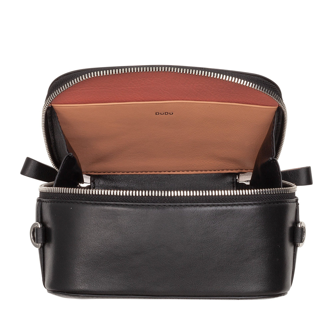 Black leather crossbody bag with open top and visible interior compartments