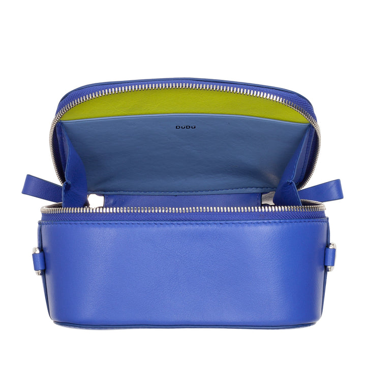 Open blue leather handbag with double zippers and yellow interior