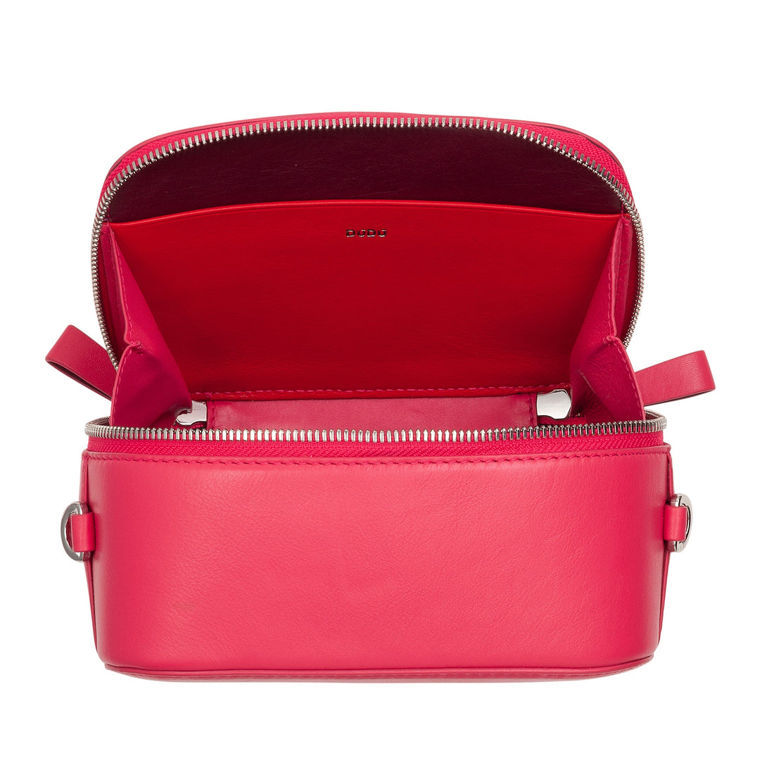 Bright red leather crossbody bag with a zippered top and open interior