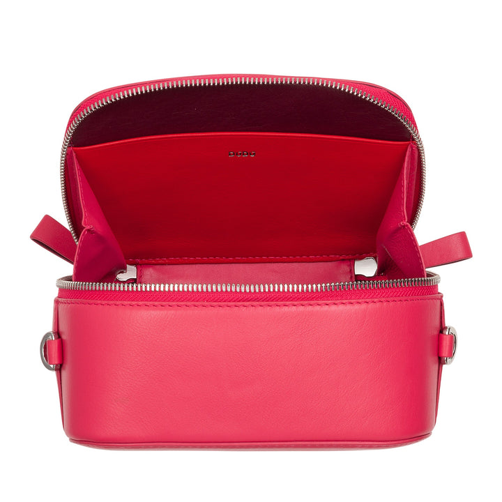 Bright red leather crossbody bag with a zippered top and open interior