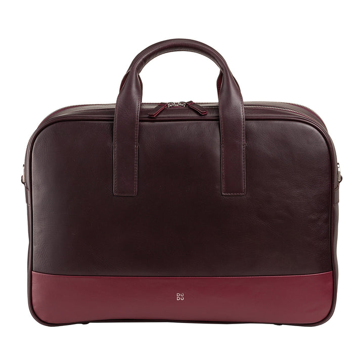 Dark brown and maroon leather laptop bag with dual handles and zip closure