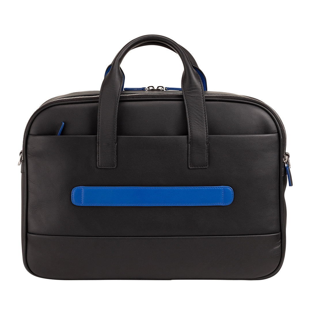 Black leather laptop bag with blue accents and dual handles