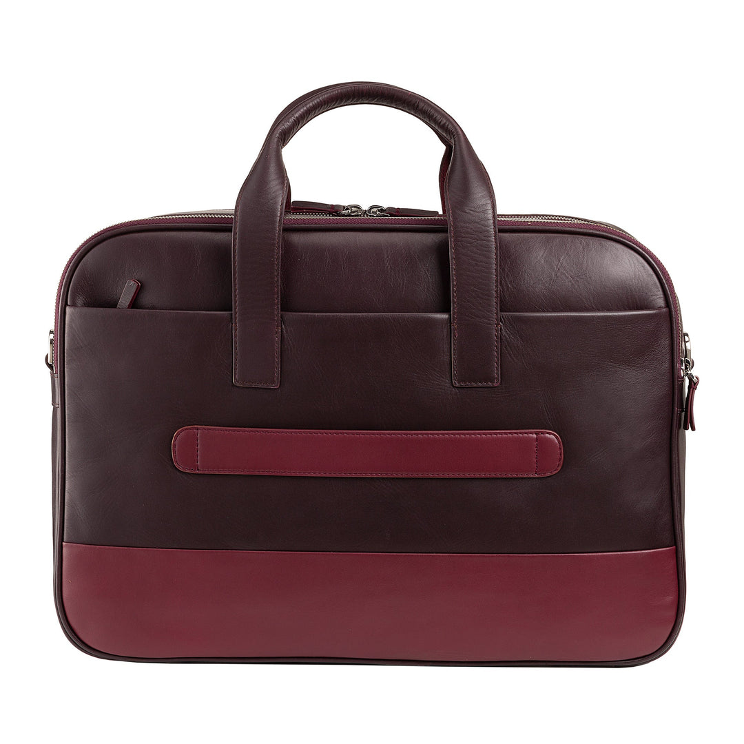 Dark brown and burgundy leather laptop bag with top handles