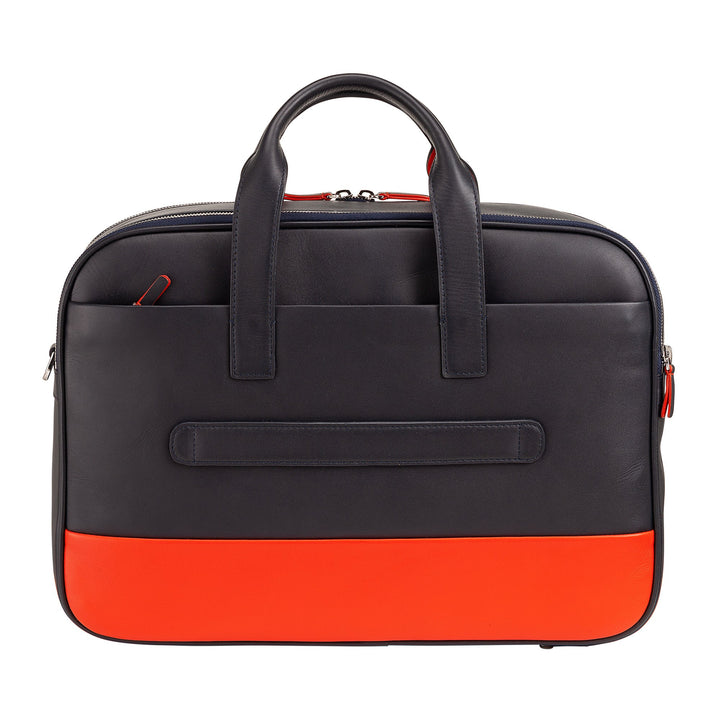 Black and orange leather laptop bag with shoulder strap and front pocket