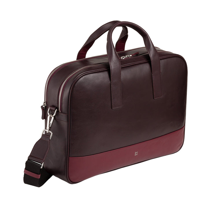 Elegant dark brown leather laptop bag with handles and detachable shoulder strap