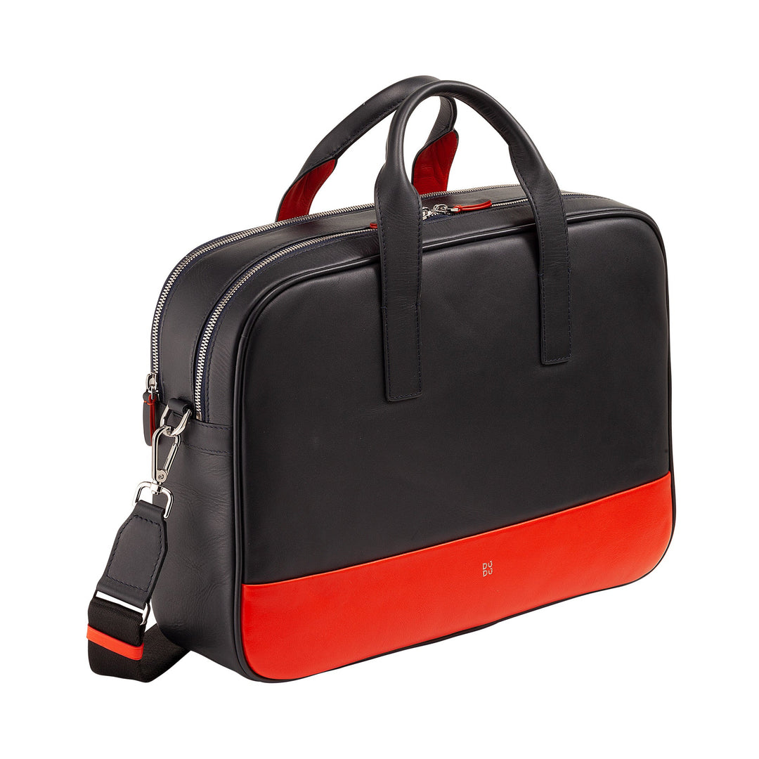 Black and red leather briefcase with detachable strap